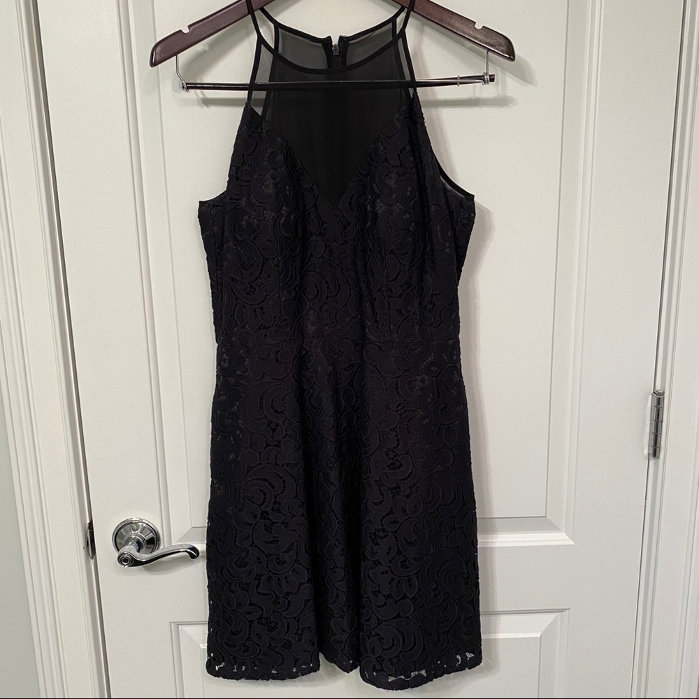 Aidan Mattox High Neck Lace Sheer Cocktail Dress